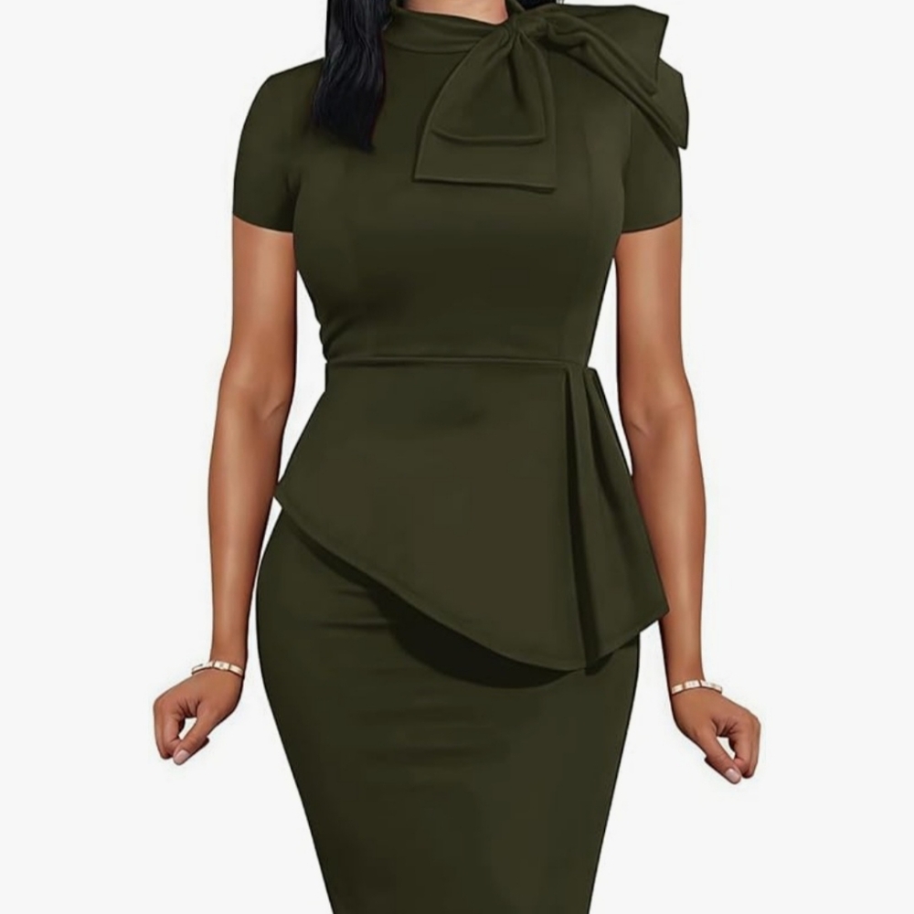 NWOT, PerZeal, Sz Med, Olive Dress with Peplum and Bow Vintage Style